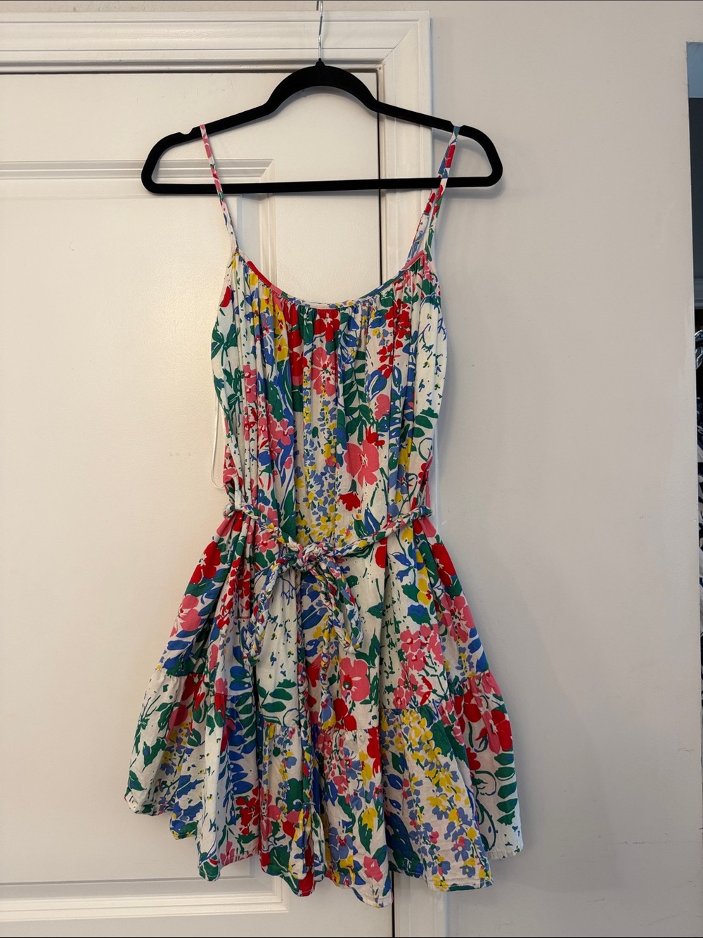 Aakaa White Floral Mini Dress with Red, Blue, Green, Yellow Accents